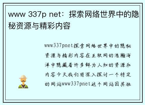 www 337p net：探索网络世界中的隐秘资源与精彩内容